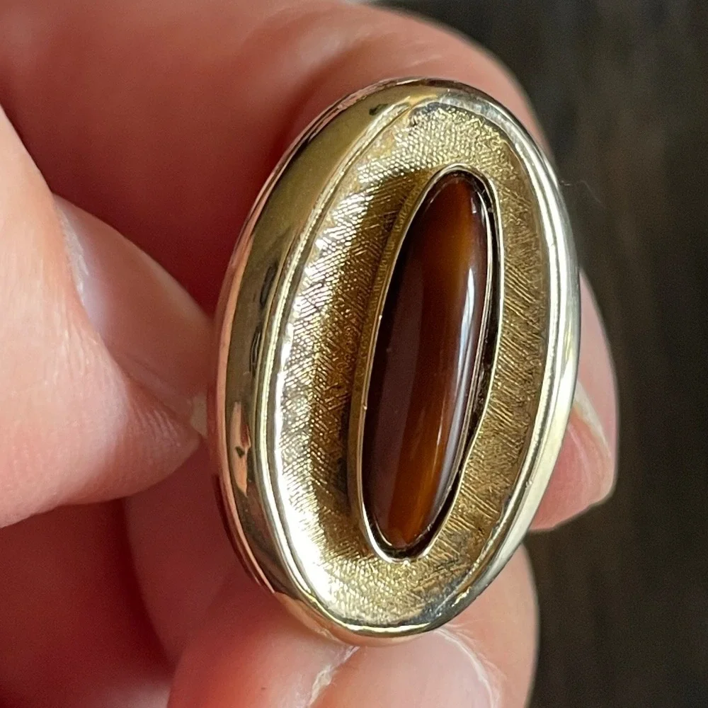 Vintage Gold Tone Cufflinks‎ Oval Tiger Eye Stone Elegant Mens Jewelry